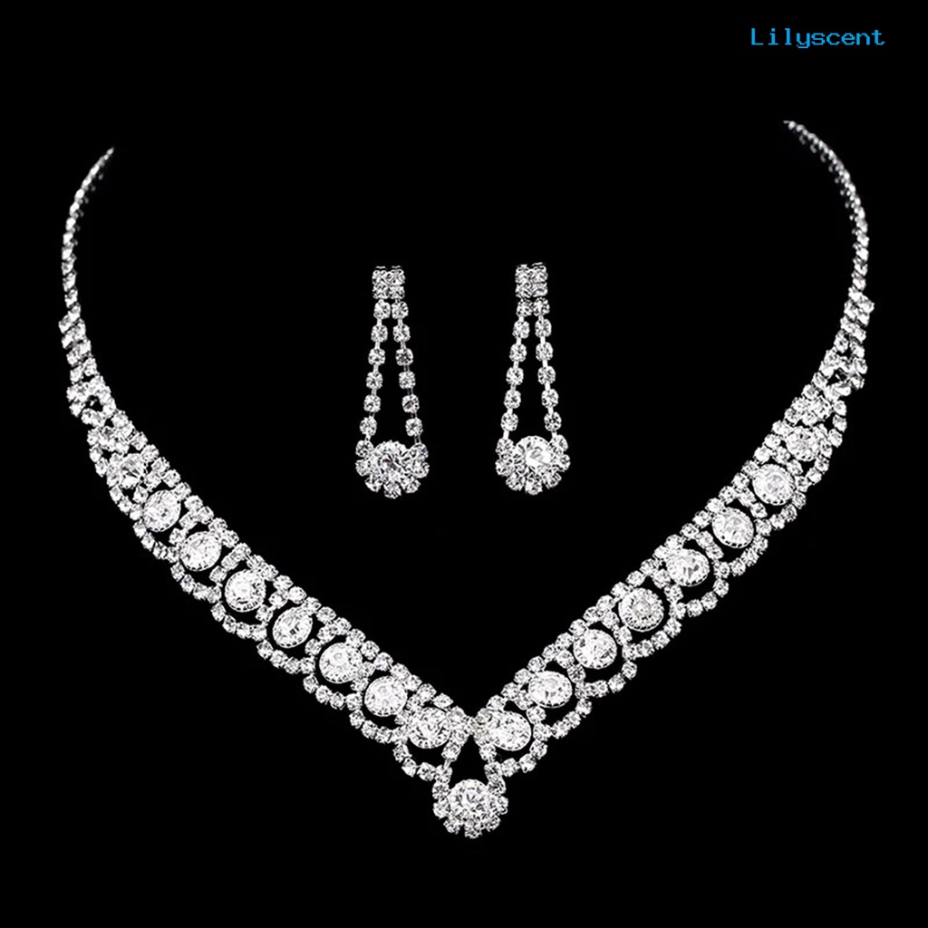 [LS]1 Set Kalung Pengantin Elegan Bling Biru Berlian Imitasi Wanita Kalung Tetesan Air Anting Kit Perhiasan Pernikahan