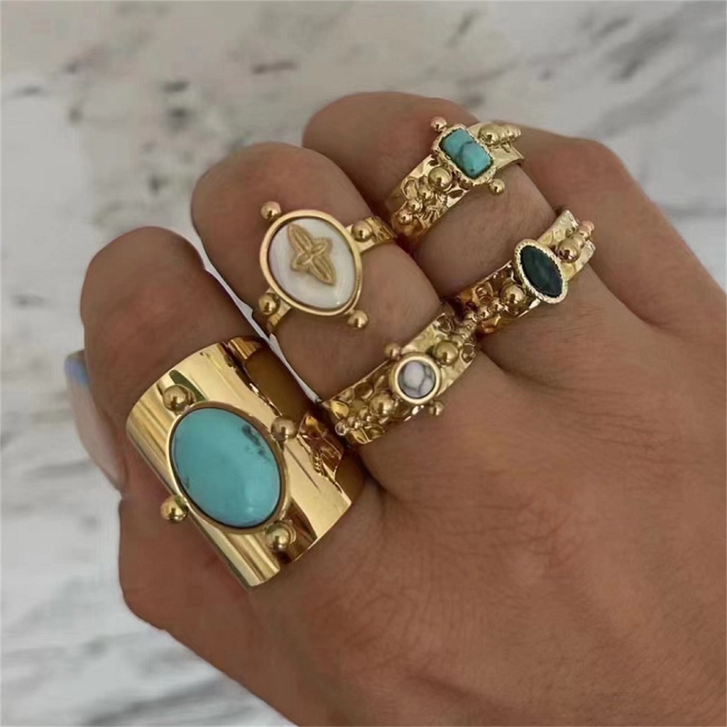 1 Pc Kreatif Retro Batu Alam Cincin Baja Titanium Fashion Emas Bertepi Lebar Terbuka Rings Perhiasan Untuk Pria Wanita