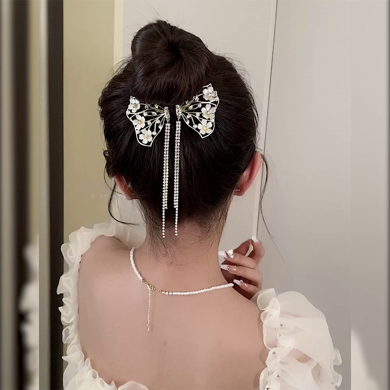 Camellia Busur Berlian Imitasi Mutiara Rumbai Kepala Bola High-End Hair Clip