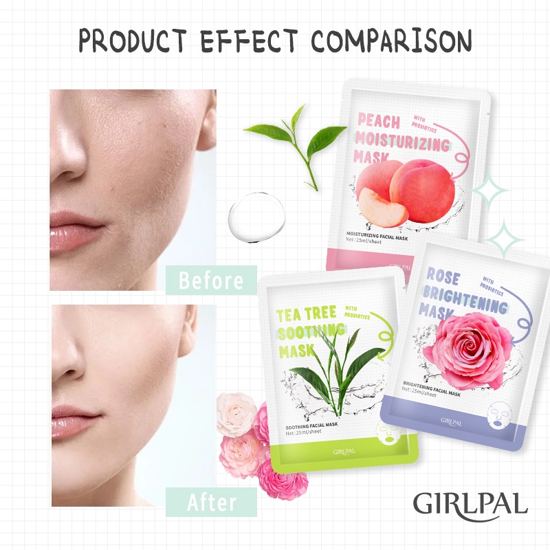 ★ BB ★ GIRLPAL Nature Sheet Mask Series  | Rose Brightening Facial Mask - Peach Moisturizing Facial Mask -  Tea Tree Soothing Facial Mask |