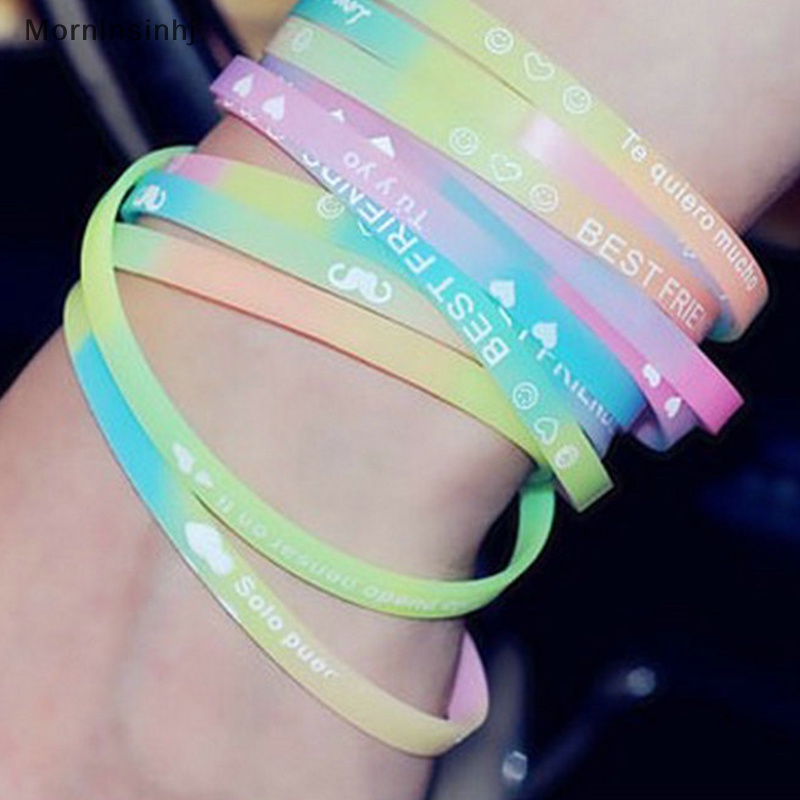 Mornin 10 Pcs Bercahaya Gelang Silikon Permen Berwarna Gerakan Huruf Gelang Fashion Pring Karet Pergelangan Tangan Tali Perhiasan Hadiah id