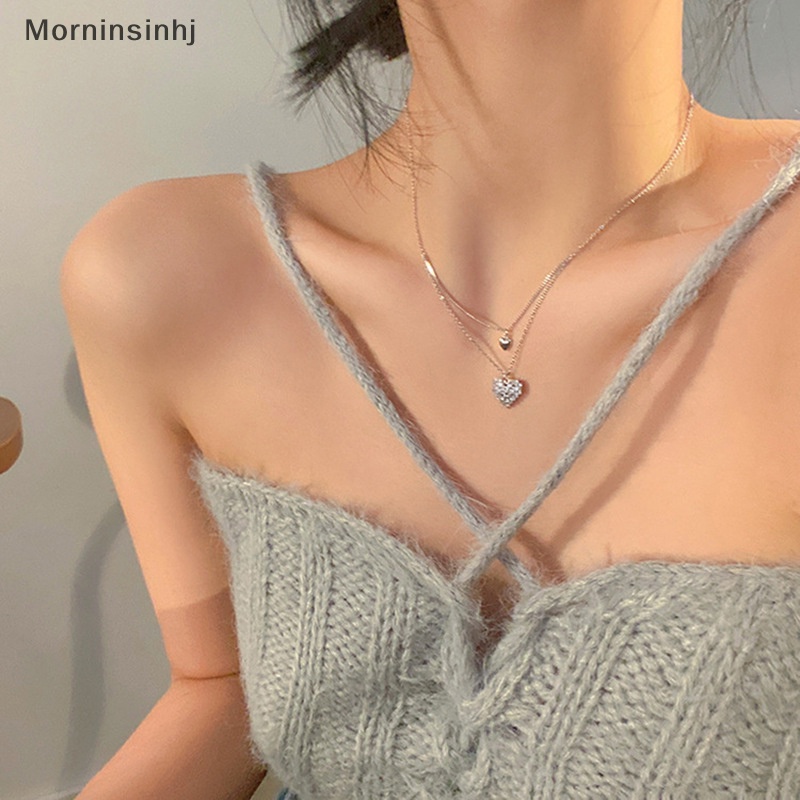 Mornin Gaya Korea Elegan Dua Lapisan Jantung Liontin Kalung Untuk Wanita Berlian Imitasi Cinta Menjuntai Rantai Klavikula Fashion Choker Perhiasan id