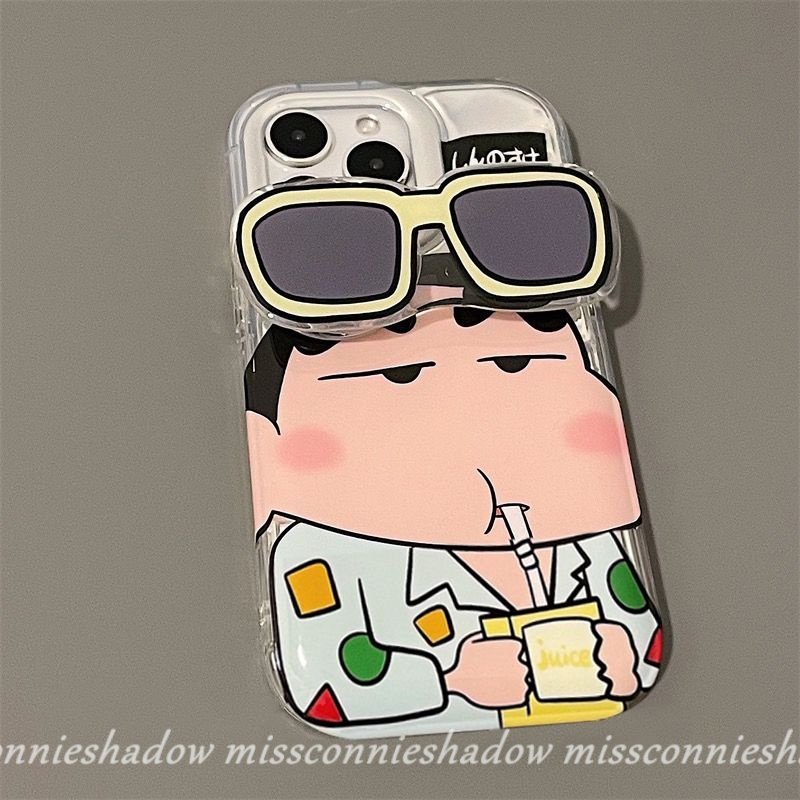 Kartun Case Kompatibel Untuk IPhone14 13 11 12 Pro Max6 8 6S Plus X XR 7Plus XS MAX SE 2020pakai Kacamata Hitam Crayon Shin-Chan Kreatif Kartu 3D Stereo Corrugation Cover