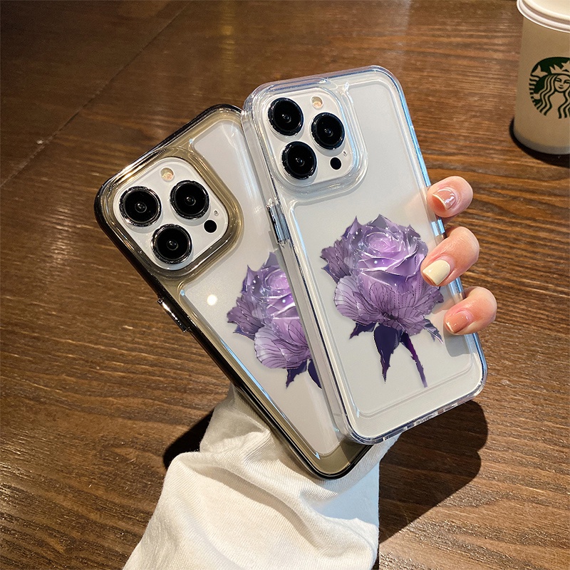 Casing Mawar Fantasi Ungu Untuk IPhone Kompatibel6 7 8 6Plus 7Plus 8Plus 11 14 Pro Max X XS XR 11 12 13 14 Pro Max SE 2020 2022 Plating Electroplated Buttons Shockproof Cover