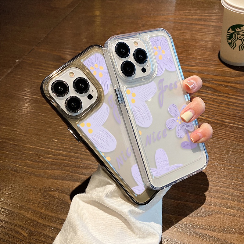 Case Bunga Kartun Ungu Untuk IPhone Kompatibel6 7 8 6Plus 7Plus 8Plus 11 14 Pro Max X XS XR 11 12 13 14 Pro Max SE 2020 2022 Plating Electroplated Buttons Shockproof Cover