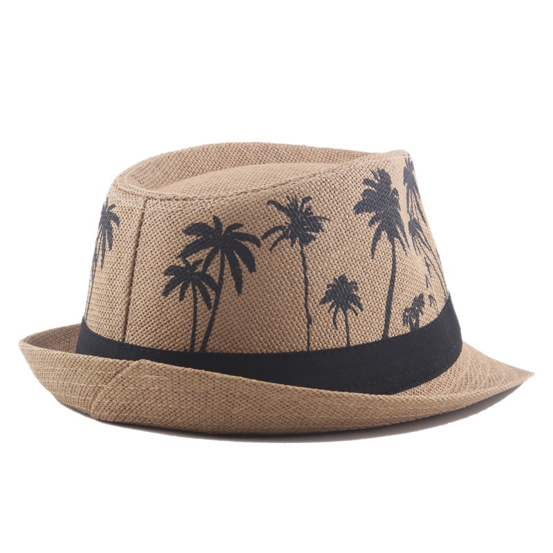 Topi Jazz Pria Palm Print Coconut Curly Straw hat Liburan Topi Matahari Pantai