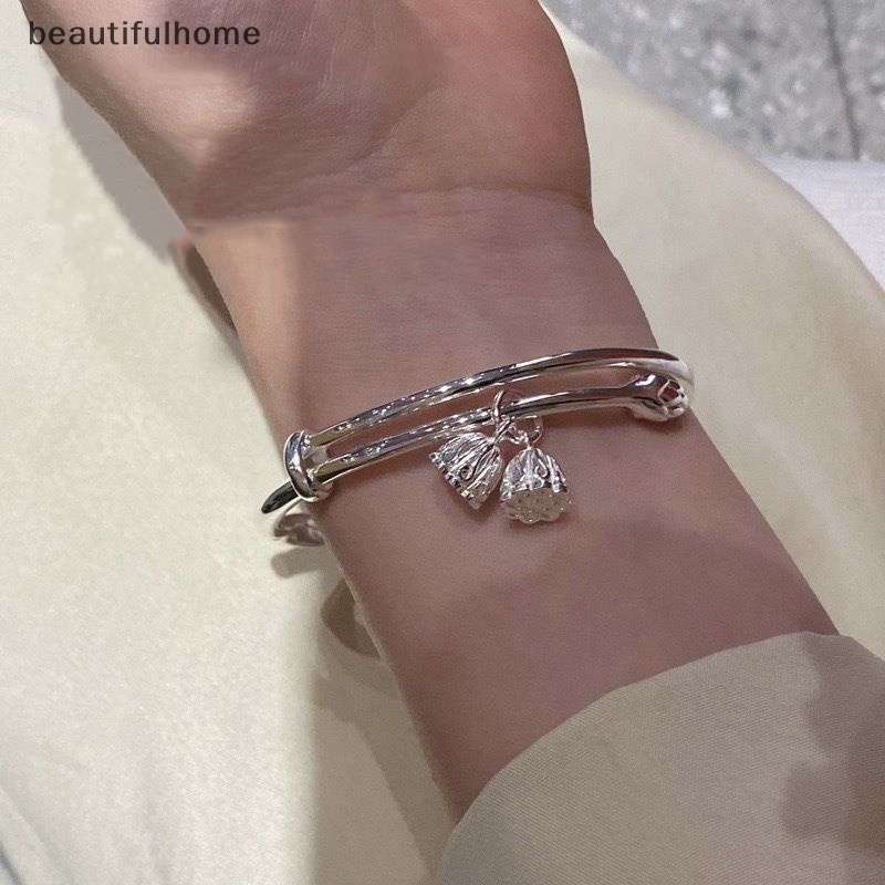 {beautifulhome} Gelang Kuncup Bunga Teratai Warna Perak Antik Untuk Hadiah Perhiasan Anak Perempuan Mobius Fashion Push-Pull Bracelet Valene's Day Gift.