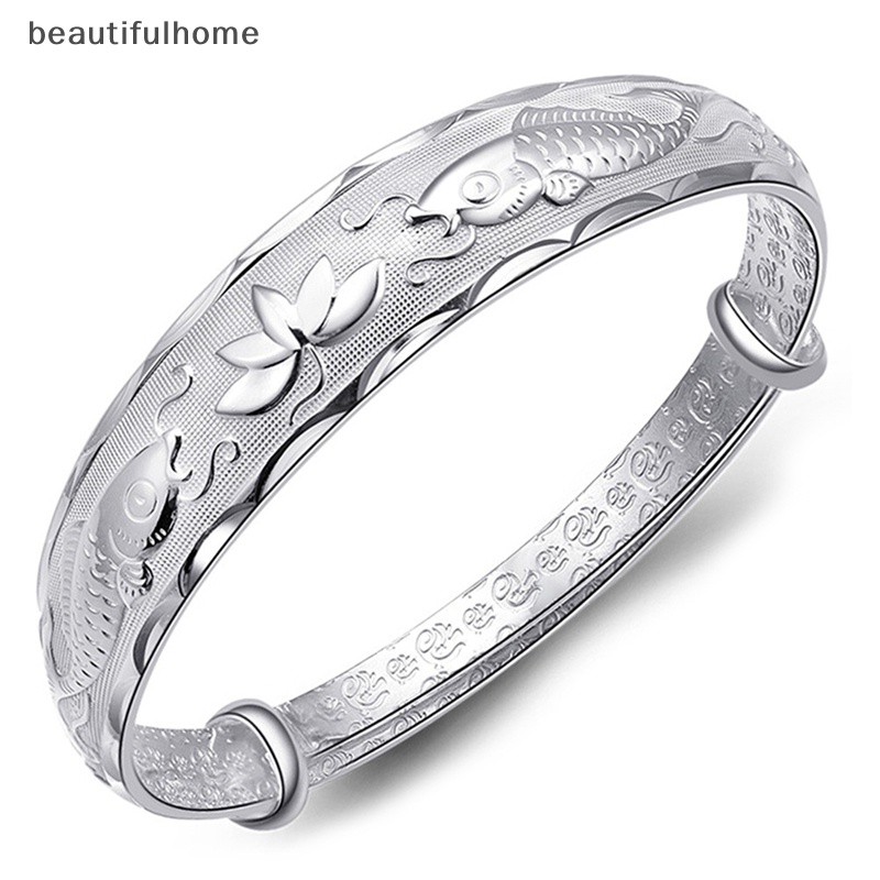 {beautifulhome} Perak Fashion Indah Ikan Dan Bunga Teratai Wanita Gelang Bangle Adjustable.