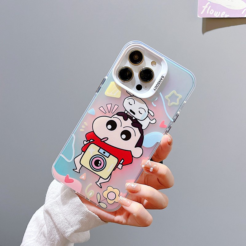 【Laser colorful】 So Cute IMD high quality Crayon Shin-chan Hard Case for IPhone 11 12 13 14 Pro Max Women Girl Lovely Cartoon