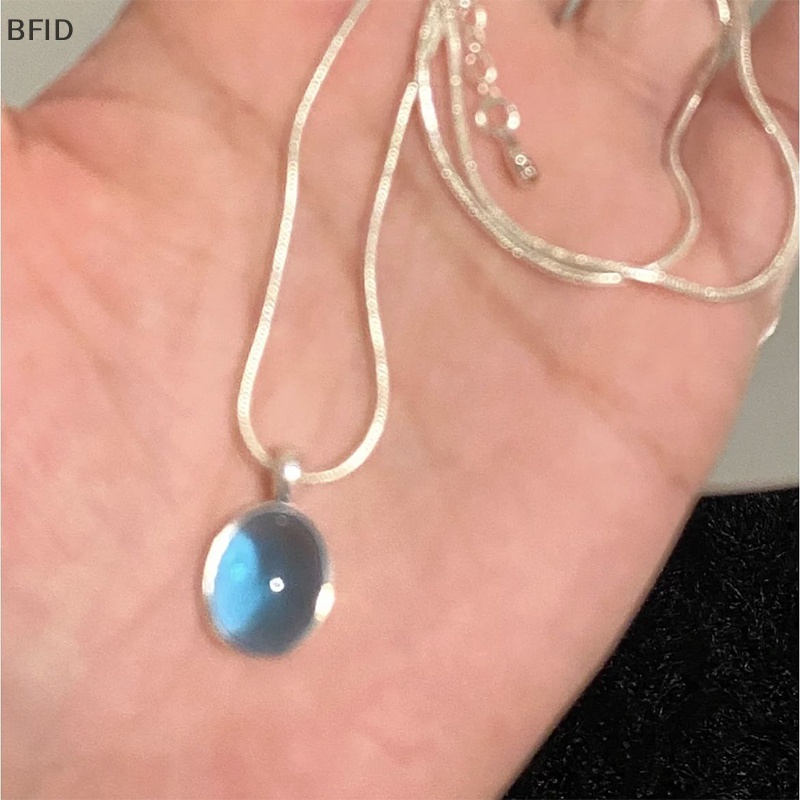 [BFID] Fashion Warna Perak Biru Moonstone Aquamarine Kalung Desain Unik Oval Rantai Klavikula Kristal Untuk Teman Wanita Perhiasan Hadiah [ID]