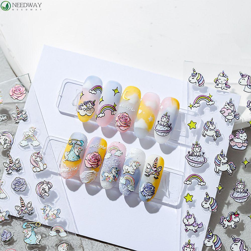 Needway Kartun Stiker Kuku Lucu Fashion Sapi Ikatan Simpul Beruang Perekat Diri Nail Art Dekorasi