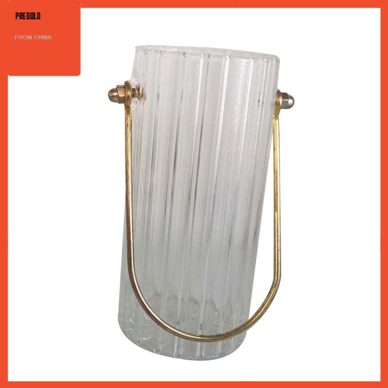 [Predolo] Vas Bunga Kaca Silinder Bening Dengan Gagang Jinjing Bahan Metal Garis Bergaris Bulat
