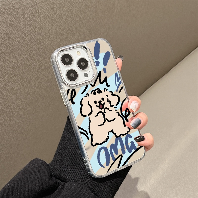 IPHONE Kartun Anjing Lucu Cermin Ponsel Case Kompatibel Untuk Iphone11 12 13 14 12Pro 13Pro 14Pro Pro Max XR X XS Max Electroplating Tombol Perlindungan Mirror Cover