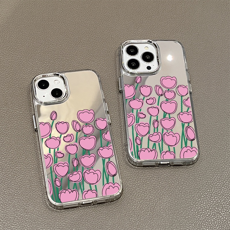 IPHONE Casing Ponsel Cermin Tulip Kartun Pink Kompatibel Untuk Iphone11 12 13 14 12Pro 13Pro 14Pro Pro Max XR X XS Max Electroplating Tombol Perlindungan Mirror Cover