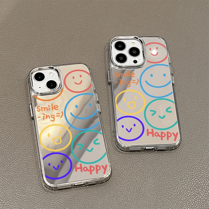 IPHONE Happy Smile Emoji Mirror Phone Case Kompatibel Untuk Iphone11 12 13 14 12Pro 13Pro 14Pro Pro Max XR X XS Max Electroplating Tombol Perlindungan Mirror Cover