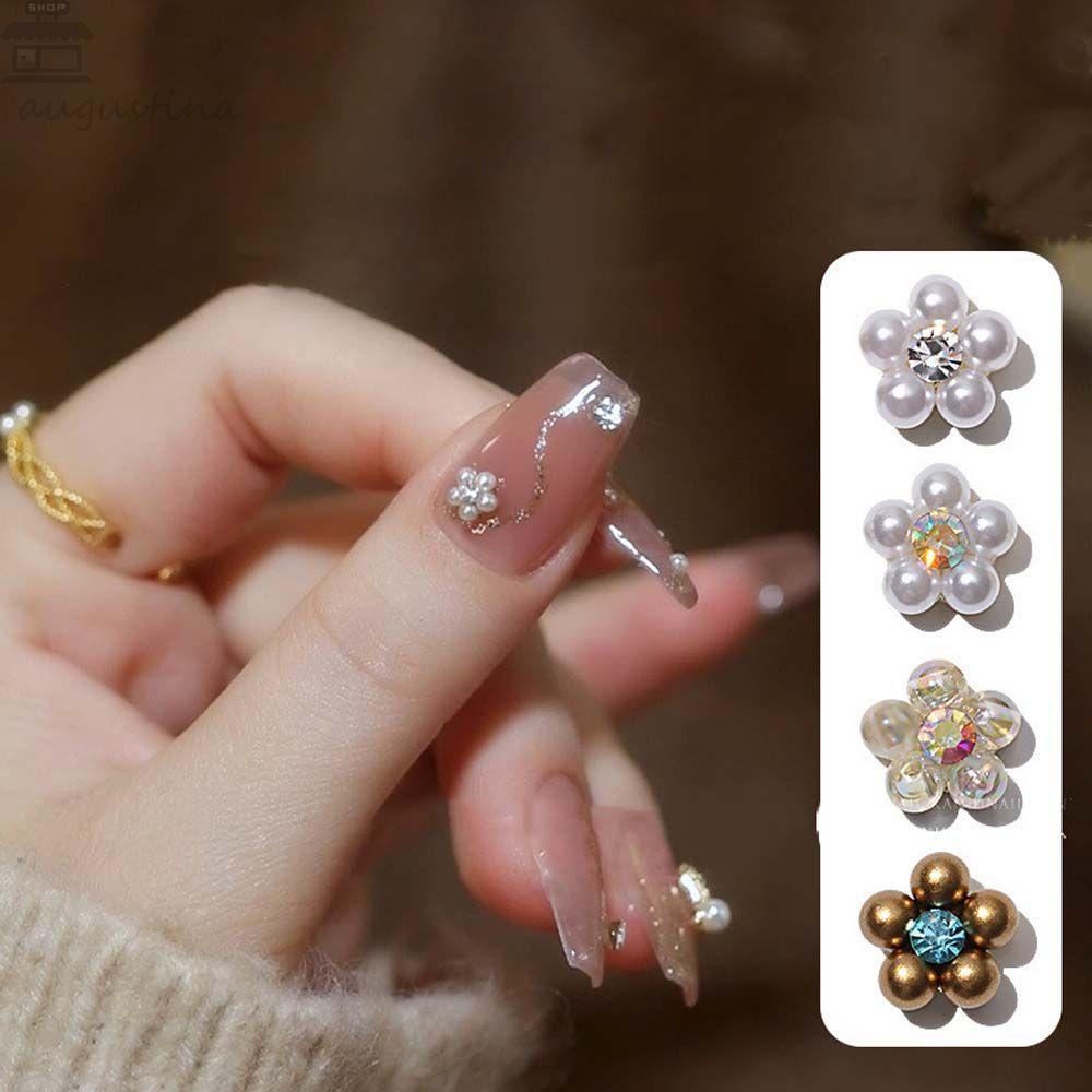 AUGUSTINA Agustina 3D Kuku Charms DIY Fashion Mutiara Imitasi Manicure Alloy Bunga Perhiasan Kuku