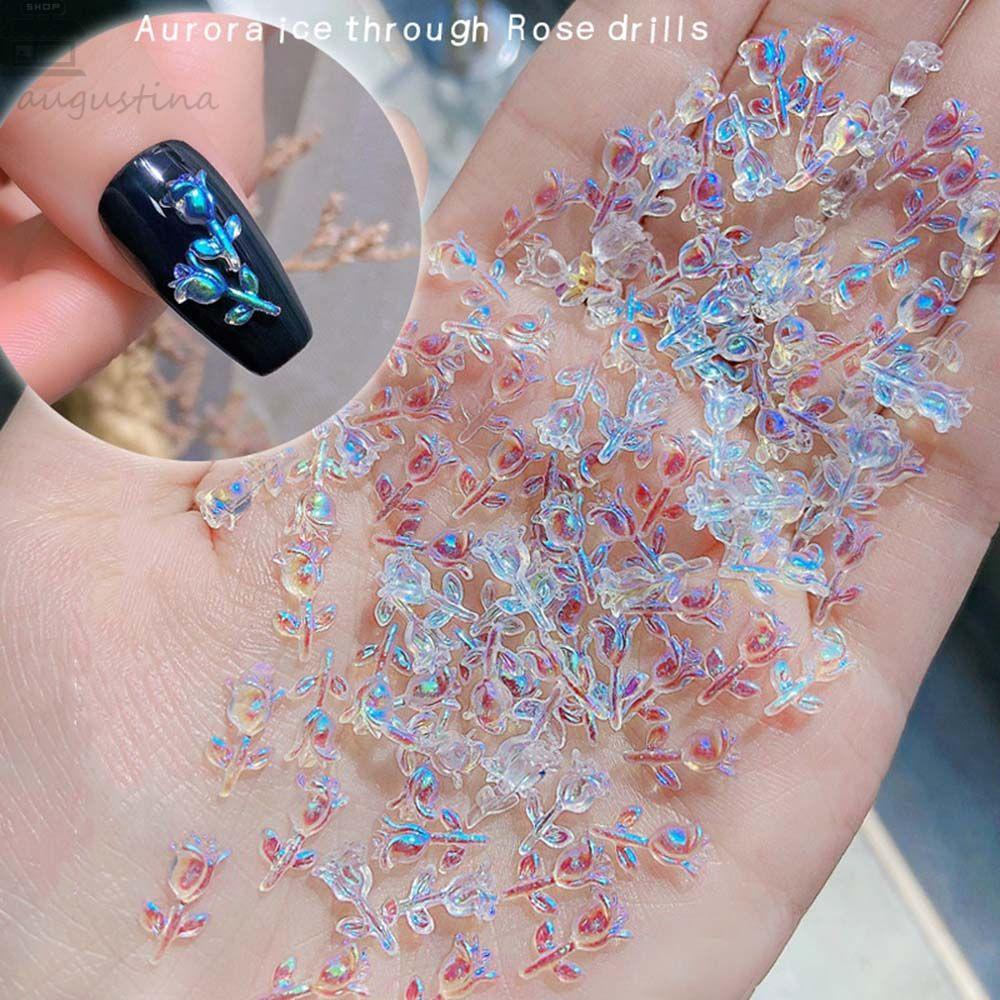 AUGUSTINA Agustina Rose Nail Art Perhiasan Ungu Mengkilap Korea Halus Aurora Rose Bunga Kristal DIY Dekorasi Kuku