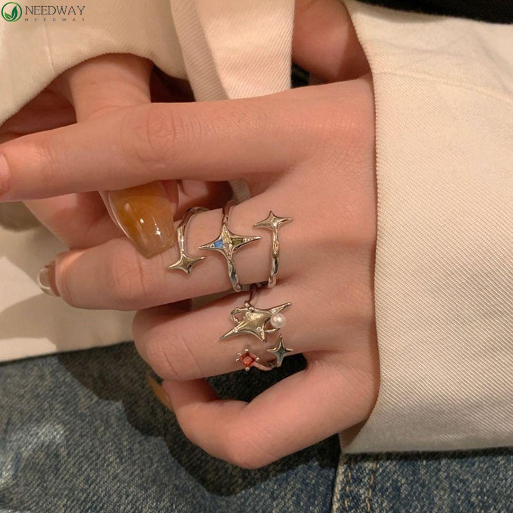 NEEDWAY Wanita Cincin Fashion Vintage Geometri Berongga Keluar Temperamen Unisex Gaya Korea Ring