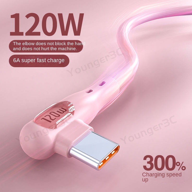 120w Elbow Fast Charging Cable 6A Kabel Data Ponsel Silikon Cair USB Flash Charging Cord Untuk ios Tipe C