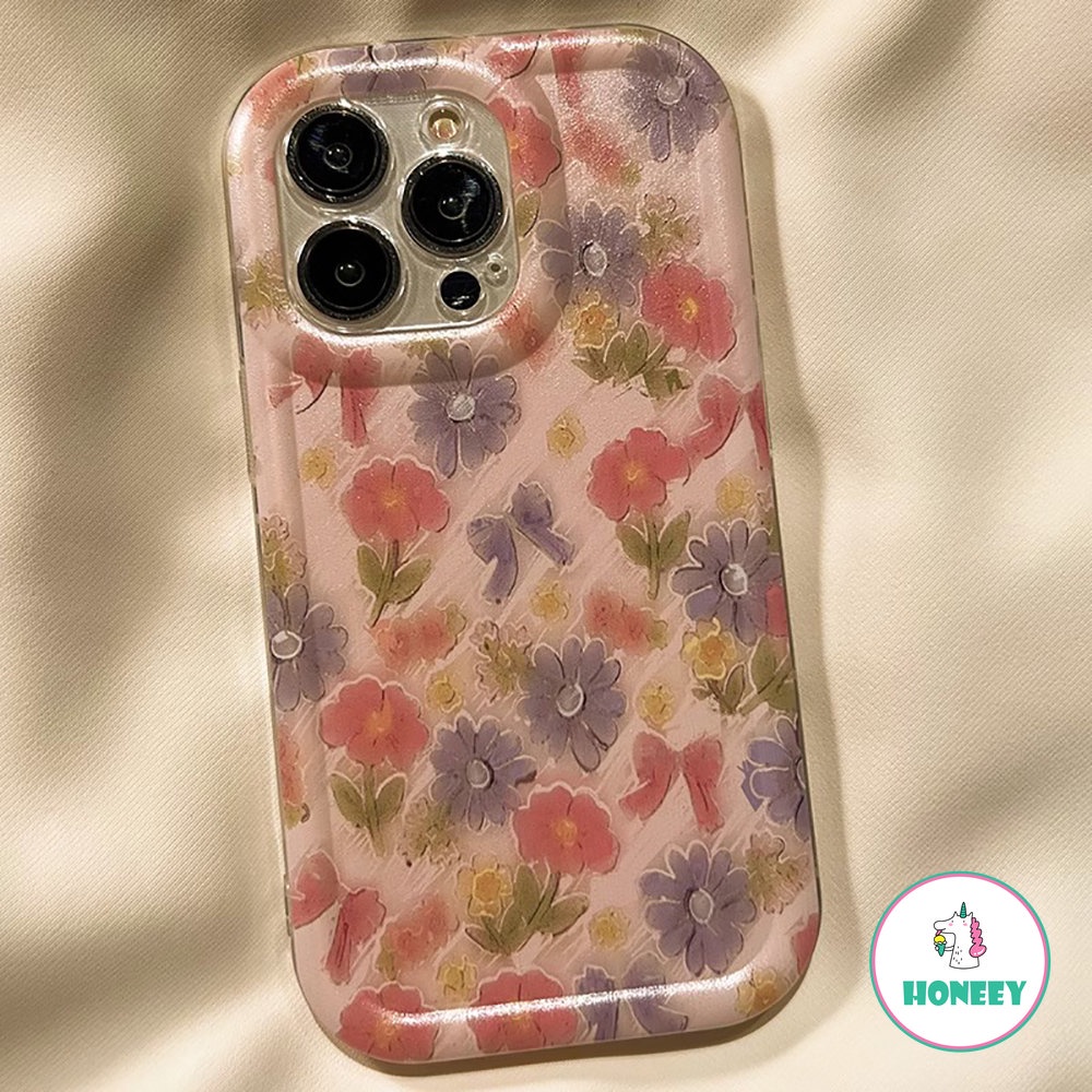 IPHONE French Pink Floral Sweet Flowers Casing Ponsel Untuk Iphone14 13 11 12 Pro Max13 14 Pro Cute Tie Bow Silikon Lembut Shockproof Cover