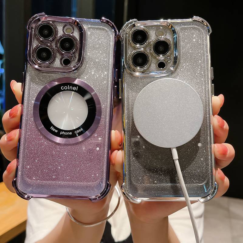 Magsafe Sparkly Bling Shockproof Electroplated airbag Case for iPhone XR XS Max 11 12 13 14 Pro Max 14 Plus wireless charge Phone Case for Girl Women Pretty Case Purple