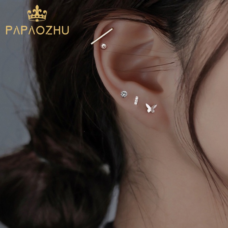 Papaozhu 5 Pcs Korea s925 Perak CZ Zirconia Bar Butterfly Stud Earrings Set Untuk Wanita Perempuan Sehari-Hari Perhiasan Telinga