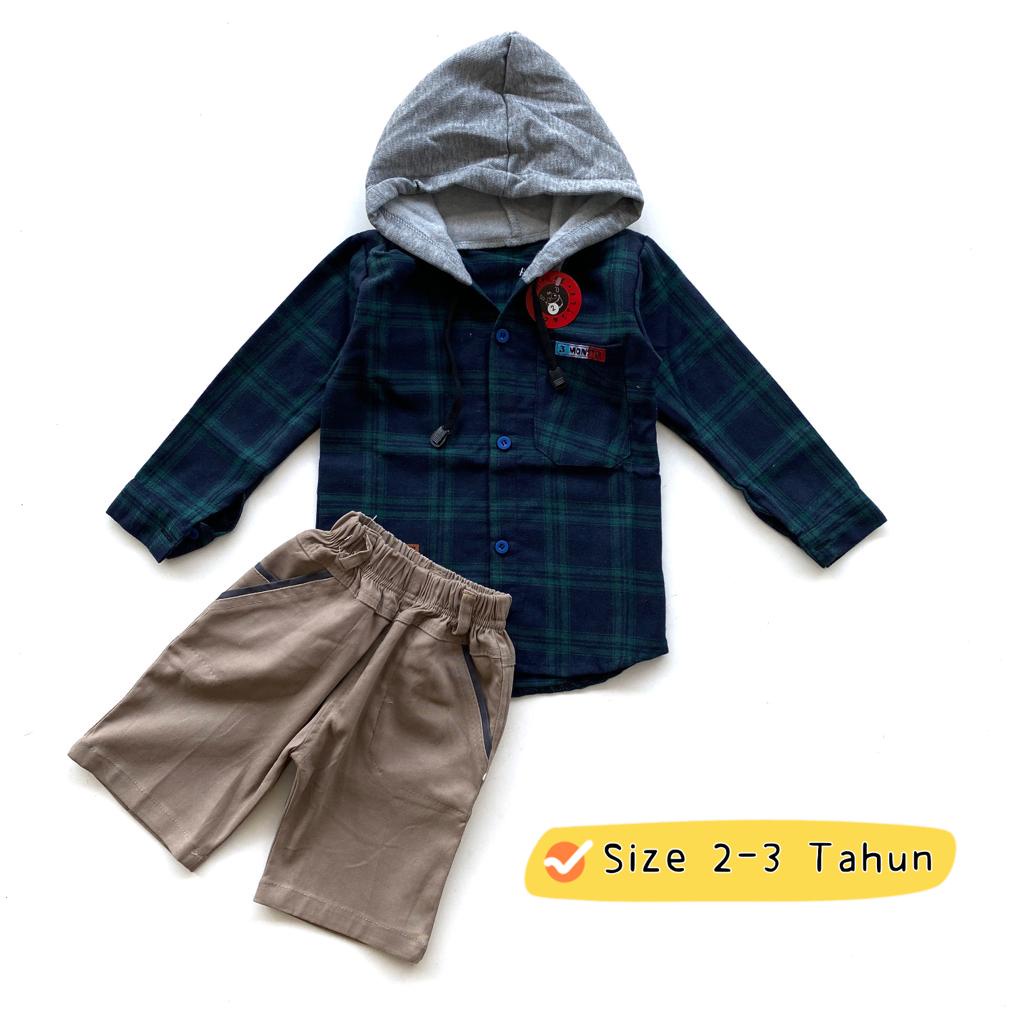 Setelan Hoodie Flanel Anak Celana Pendek Chinos Katun Laki Laki Cowok 2-4 Tahun