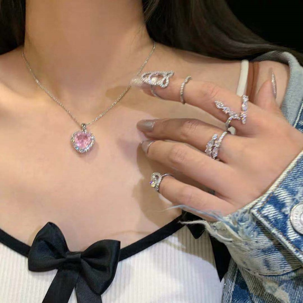 Bunga Es Merah Muda Cinta Hati Zirkon Liontin Kalung Perempuan Jepang Korea ins Influencer Gadis Manis Keren Klavikula Rantai Kalung2023