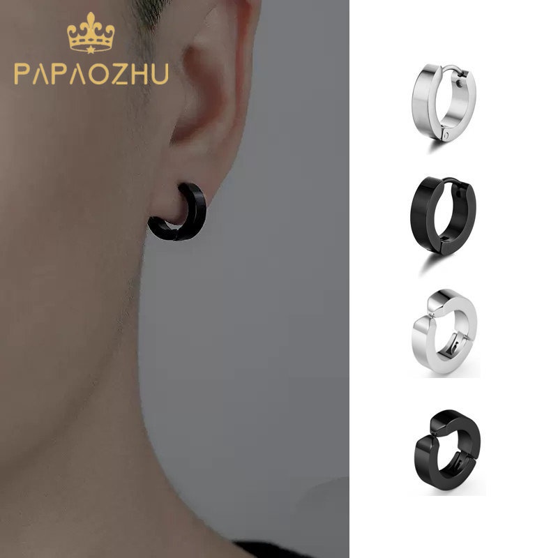 Papaozhu 1PC Punk Perak Hitam Chunky Hoop Earrings Untuk Pria Wanita Chic Anti Karat Cuff Earring Perhiasan Telinga Mode Sederhana