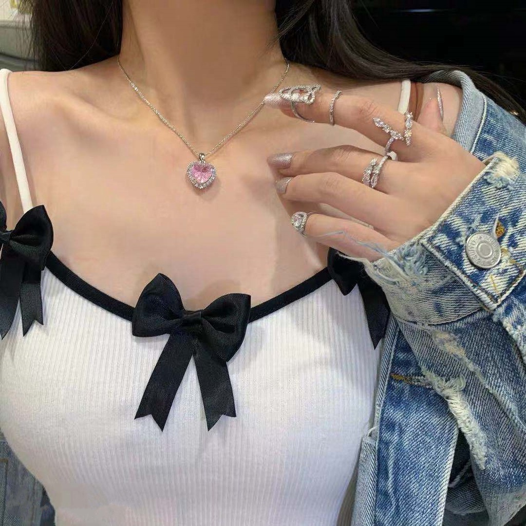 Bunga Es Merah Muda Cinta Hati Zirkon Liontin Kalung Perempuan Jepang Korea ins Influencer Gadis Manis Keren Klavikula Rantai Kalung2023