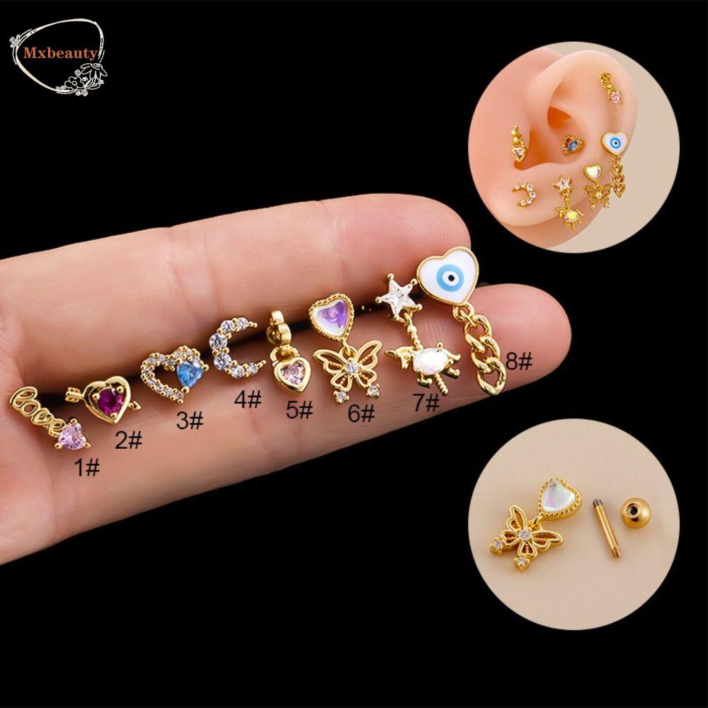 MXBEAUTY Bling Love Stud Earrings Kepribadian Retro Desain Fashion Zirkon Telinga Stud Warna Solid Temperamen Lady Peri Telinga Tulang Kuku