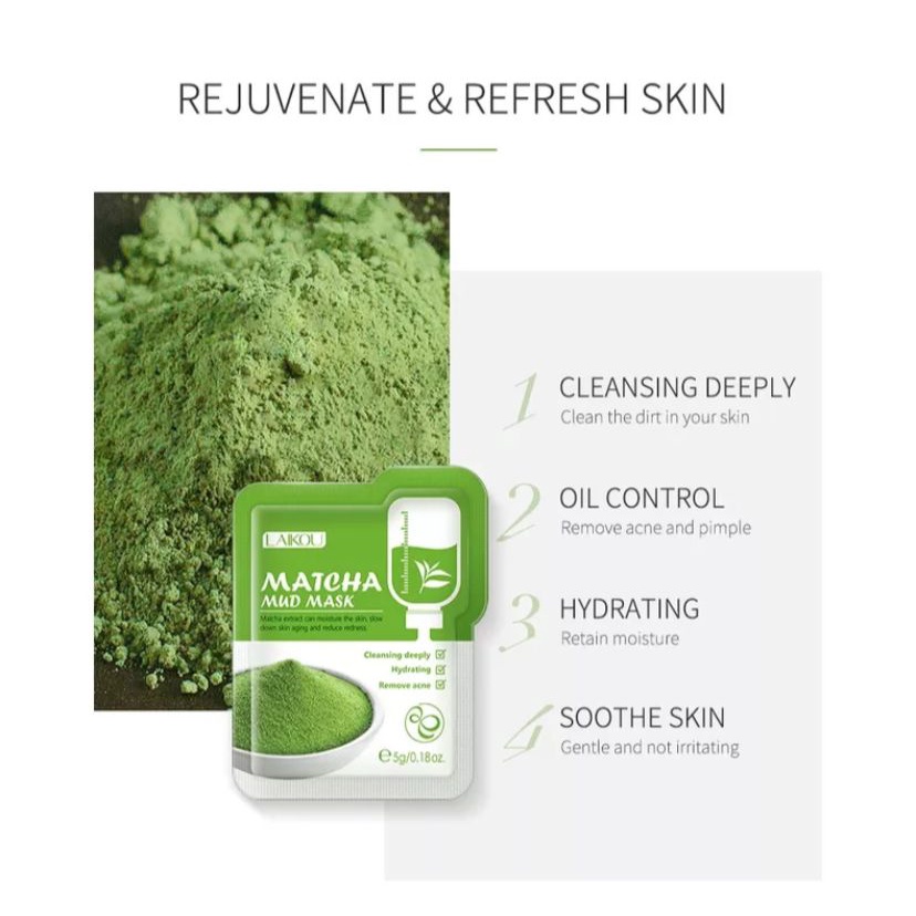 LAIKOU Mud Mask Matcha Membersihkan Mengontrol Minyak Mengurangi Jerawat Komedo 1pc