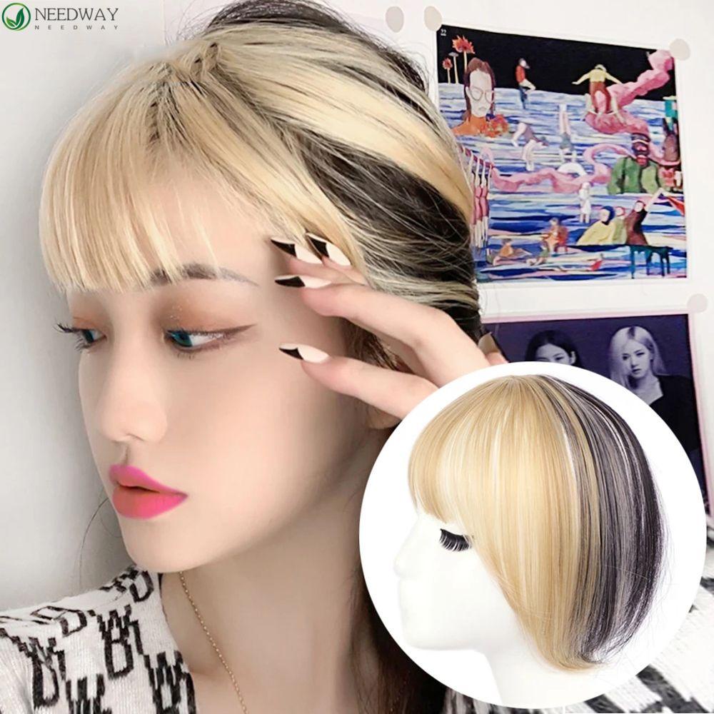 NEEDWAY 3d Air Bangs Piece Wanita Sintetis Hitam Ombre Gold Stylish Fake Bangs Clips