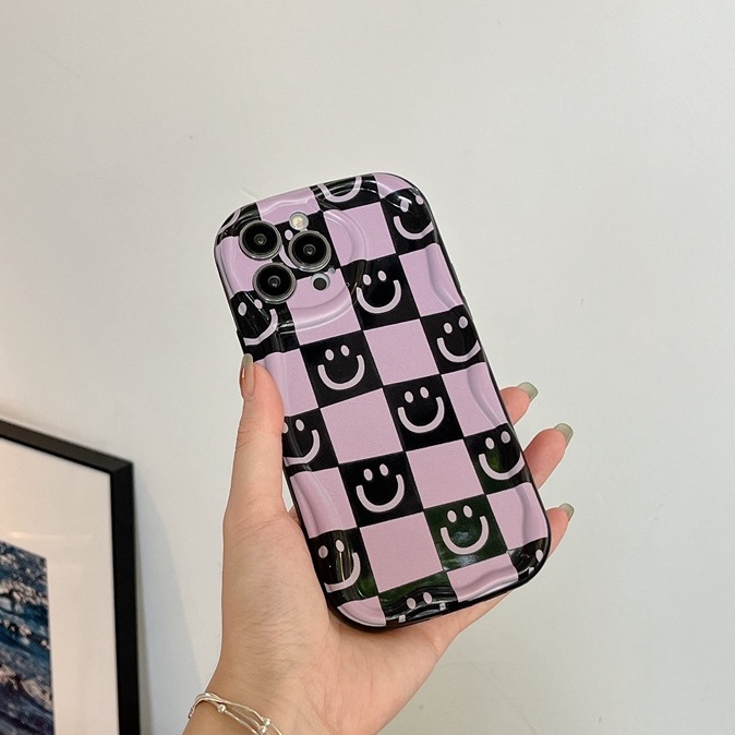 Cream Casing Purple Lattice Smile Soft Case HP iP iPhone 6 6S 7 8 14 + Plus SE 2020 2022 X XS XR 11 12 13 Pro Max Girl Woman