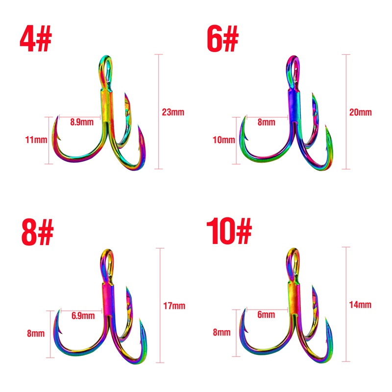 10pcs Kait Pancing Anti Karat Treble Hook Baja Karbon Tinggi Warna-Warni Kuat Treble Hooks Jangkar Berduri Untuk Air Tawar Air Asin Ukuran4# 6# 8# 10#