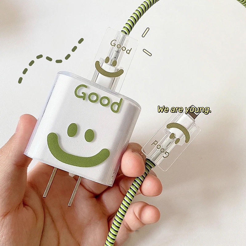 Casing Pelindung Charger TPU Bening Motif Smiley Lucu/ Kabel Data Lengan Berliku Anti Pecah/ Penutup Kepala Charge Handphone Untuk Apple 18W