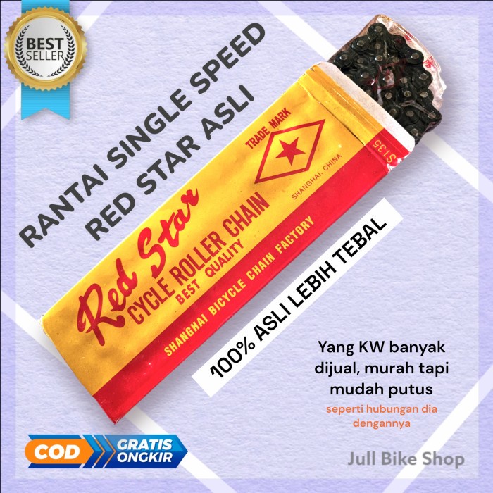 Rantai red star ASLI sepeda single speed becak fixie anak BMX tebal ori peti 114 link original hitam kuat no.1