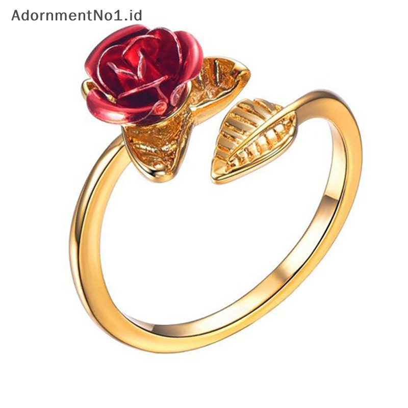 [AdornmentNo1] Bunga mawar merah daun cincin pembukaan untuk wanita bunga Fashion cincin jari yang dapat disesuaikan hari valene perhiasan pertunangan hadiah