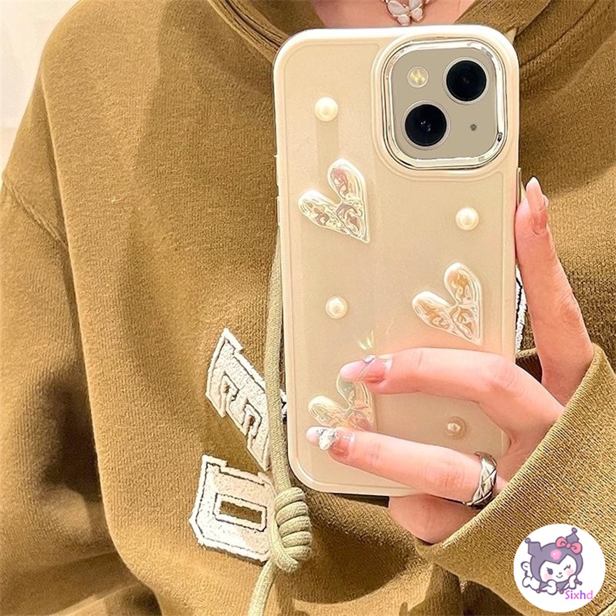 Compatible For iPhone 14 13 12 11 Pro Max SE2020 X Xr Xs Max 8 7 6 6s Plus Fashion  3D Love Heart Cream Pearl Metal Buttons Shockproof Phone Case Soft Cover