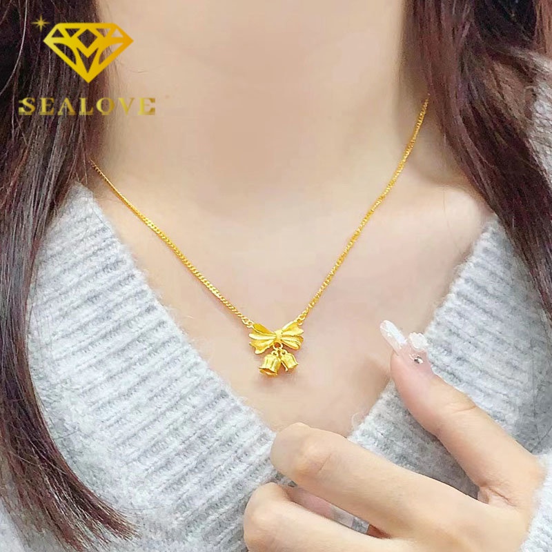 Kalung Titanium Bunga Pita Cantik Aesthetic Korea Emas 18K Anti Karat Aksesoris Wanita Perhiasan Fashion