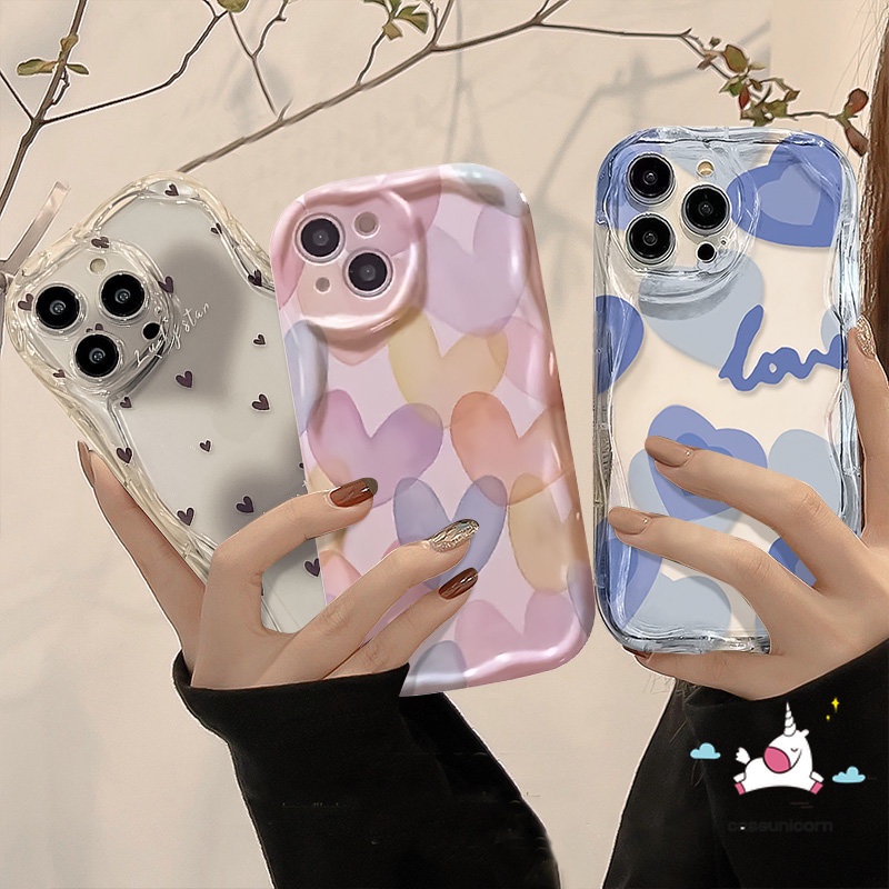 Macarons Watercolour Love Heart Case Kompatibel Untuk IPhone XR 7Plus 14 11 13 12 Pro Max 7 6s 6 8 Plus X XS Max SE 2020 8Plus Art Lukisan Minyak Inggris Lembut 3D Bergelombang Melengkung Penutup Tepi