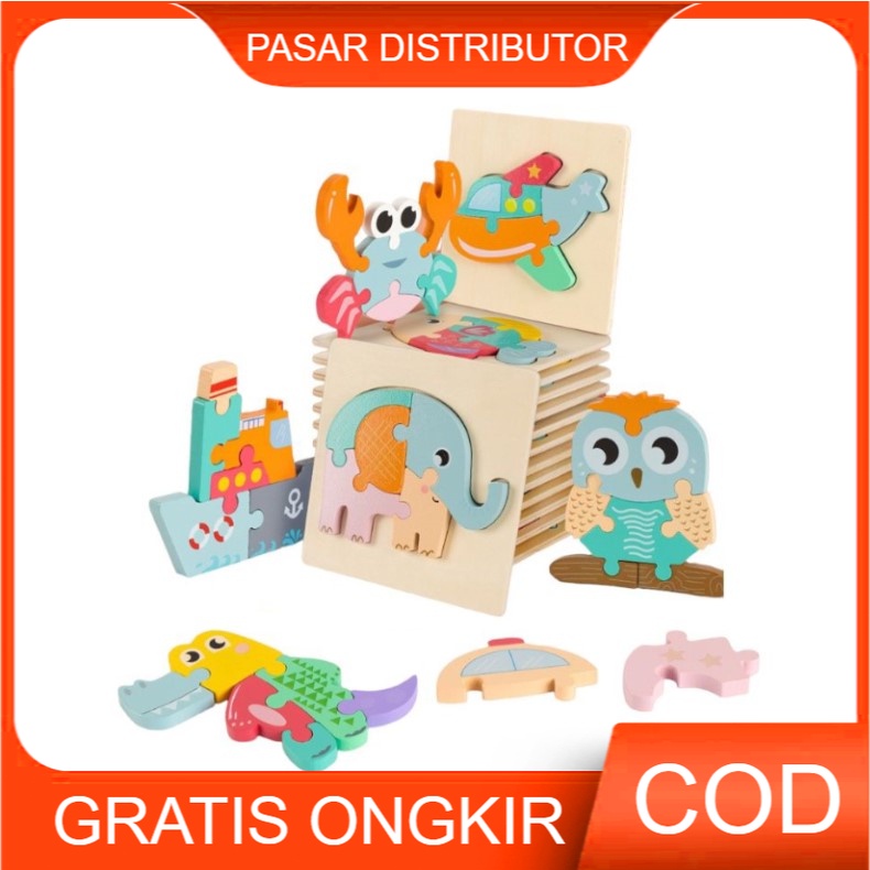 Mainan Edukasi Anak 3D CARTOON SNAP PUZZLE Mainan Puzzle Kayu Belajar