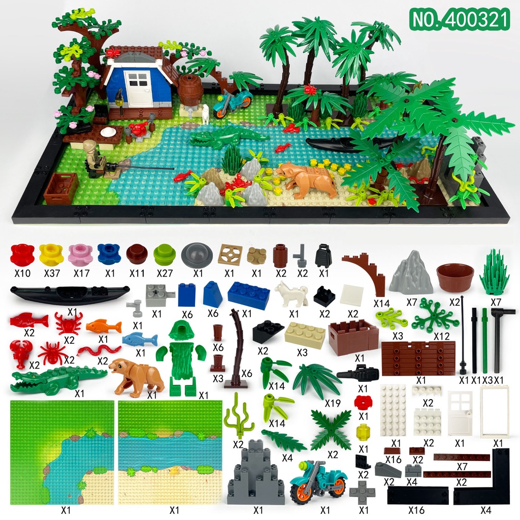 Kreatif Blok Bangunan Seri Belantara Survival Scene Hewan Tas Aksesoris Buaya Beruang DIY Scene Building Block Mainan