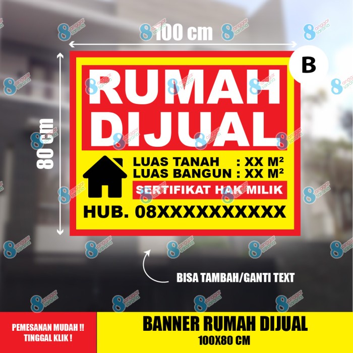 Spanduk Rumah Dijual/ Rumah Disewakan/ Rumah Dikontrakan/ Tanah dijual - A 100X80 CM, Mata Ayam