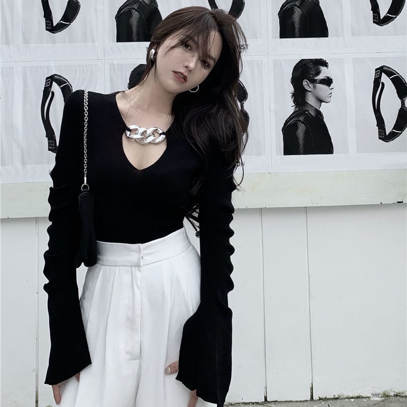 [ COD✅ ] Aroana Desain Rasa Hitam Rajutan Kaos Wanita Musim Semi dan Musim Gugur Ketat Lengan Panjan