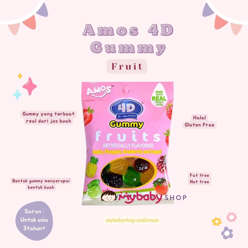 

Amos 4D Gummy Fruits 38gr / Permen Lunak / Permen Bentuk Buah / Permen Jelly Buah