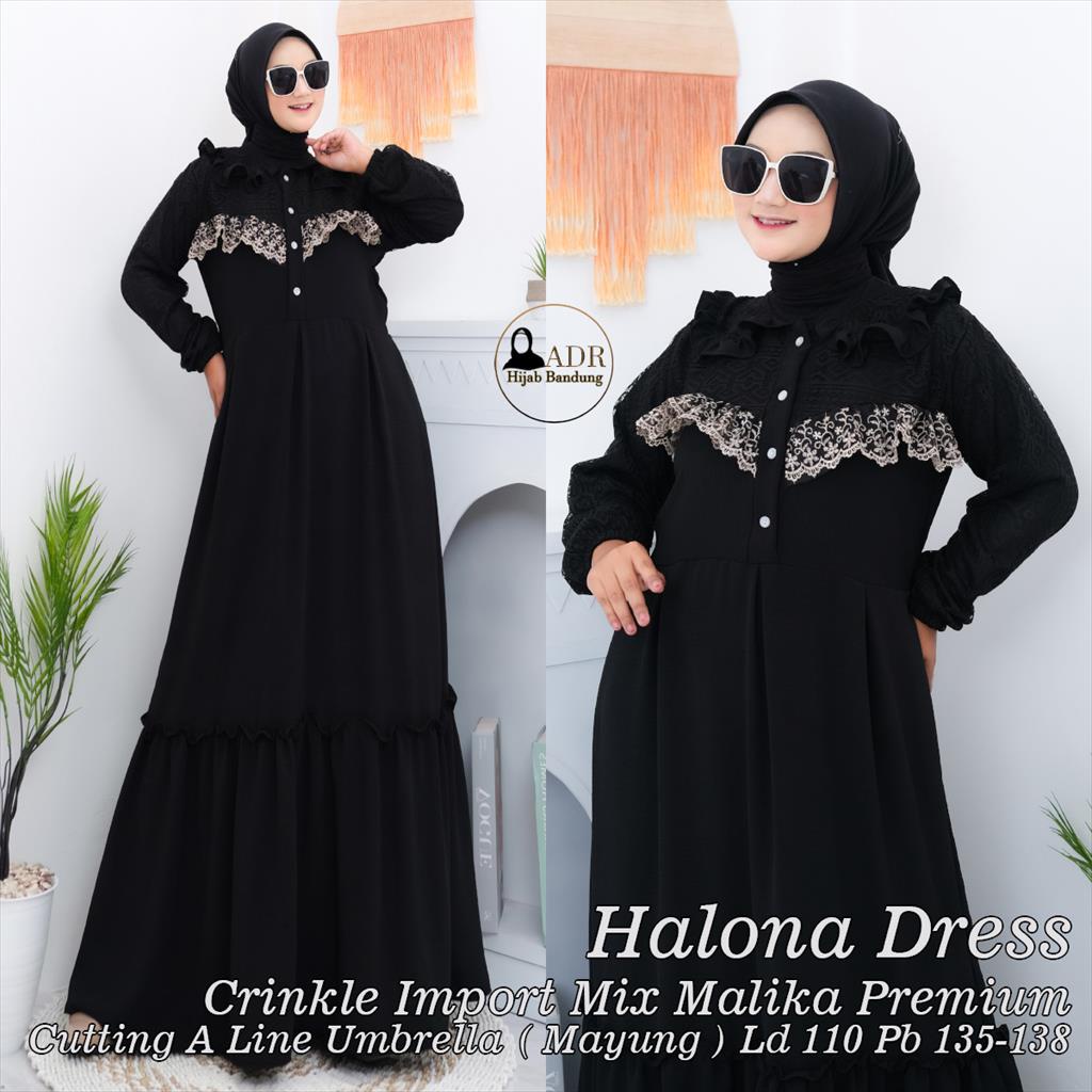Halona Dress Gamis Terbaru Crinkle Import Mix Brukat Malika Premiu