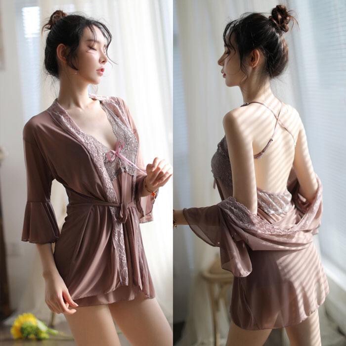 𝙿₳𝚁𝙸𝚂 Lingerie Set Gamis Seksi + G-String Baju Tidur Wanita Renda Jubah Transparan Piyama Set 1203-BEAN PASTE