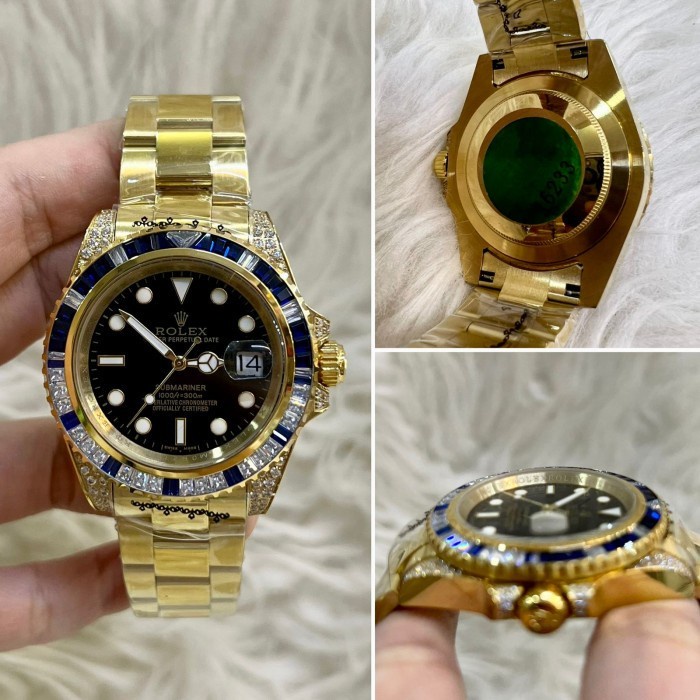 Jam Tangan ROLEX Pria Automatic Rantai Gold Dial Hitam Bezel Diamond Hitam