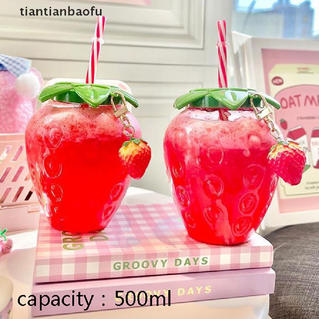 [tiantianbaofu] 500ml Musim Panas Lucu Strawberry Straw Water Bottle Milk Coffee Straw Cup Untuk Butik Rumah